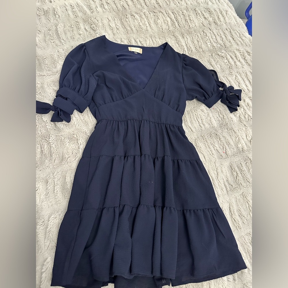 Navy Blue V Neck Bow Dress!
